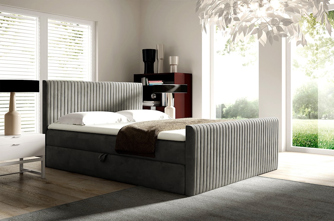 Łóżko kontynentalne 160x200 cm Manello z dwoma pojemnikami i topperem jasnobeżowe welur  - zdjęcie 2
