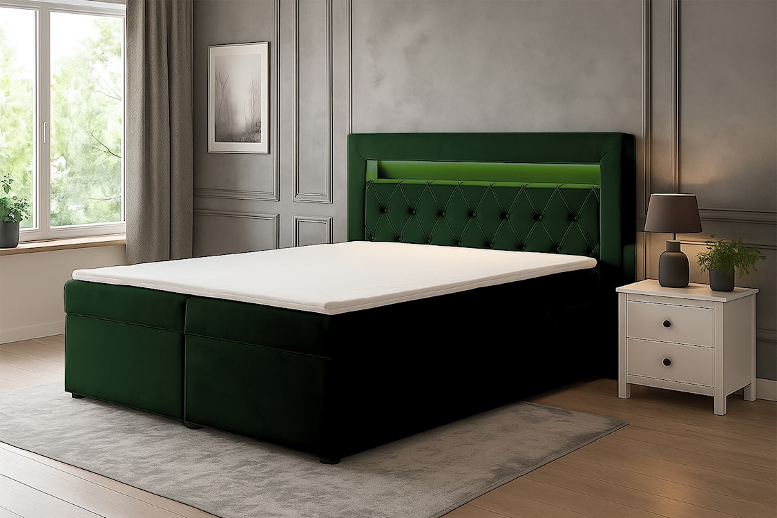 Łóżko kontynentalne 140x200 cm Goldess z pojemnikami i oświetleniem LED butelkowa zieleń welwet  - zdjęcie 2
