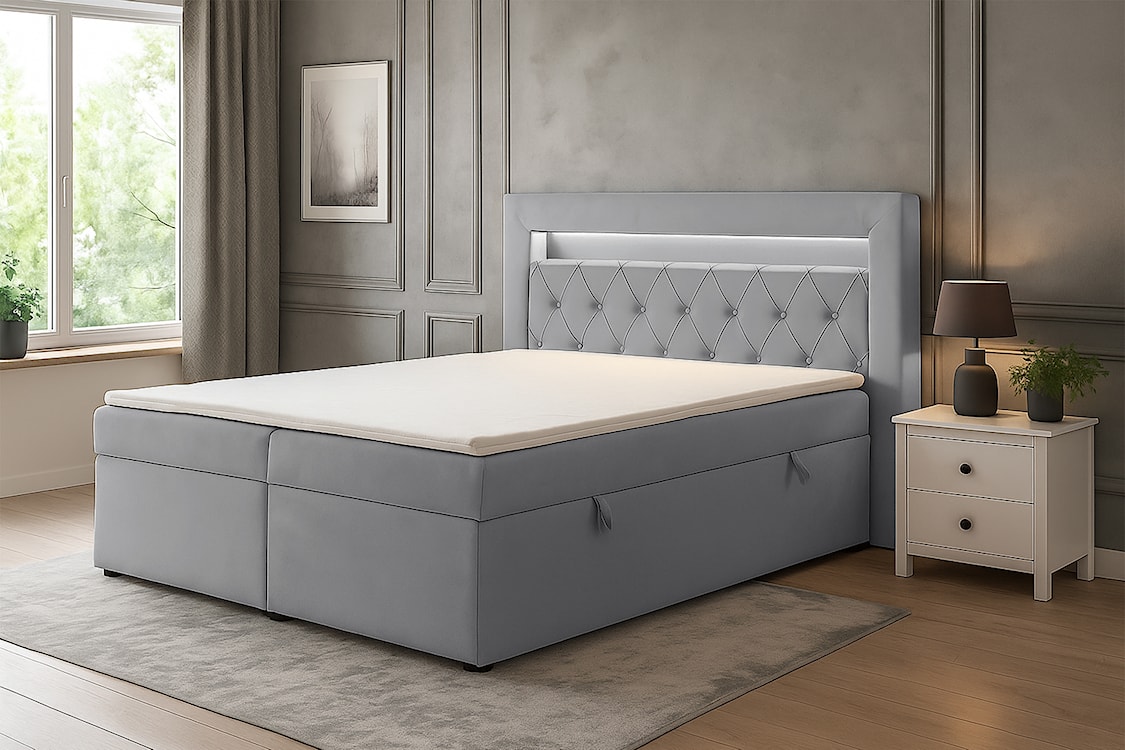 Łóżko kontynentalne 140x200 cm Goldess z pojemnikami i oświetleniem LED szare welwet  - zdjęcie 2