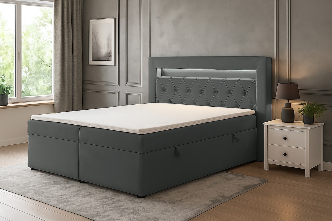 Łóżko kontynentalne 140x200 cm Goldess z pojemnikami i oświetleniem LED ciemnoszare welwet  - zdjęcie 2