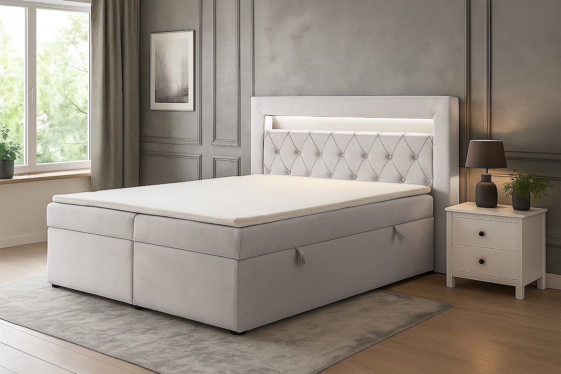 Łóżko kontynentalne 140x200 cm Goldess z pojemnikami i oświetleniem LED szarobeżowe welwet  - zdjęcie 2