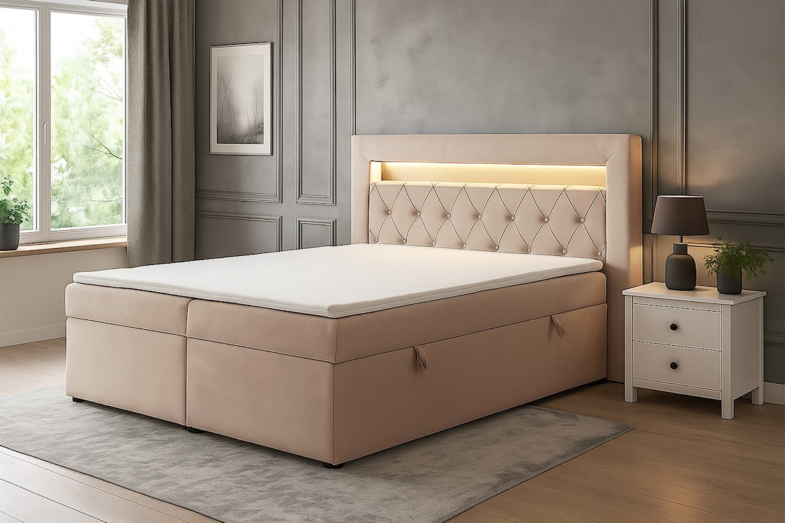 Łóżko kontynentalne 140x200 cm Goldess z pojemnikami i oświetleniem LED beżowe welwet  - zdjęcie 2
