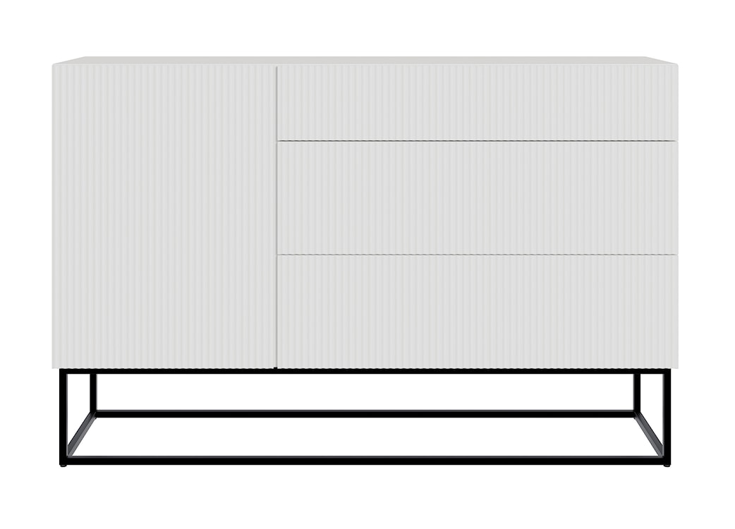 Komoda jednodrzwiowa Veldio z frezowanym frontem i trzema szufladami 140 cm Biała z czarnymi nogami  - zdjęcie 4