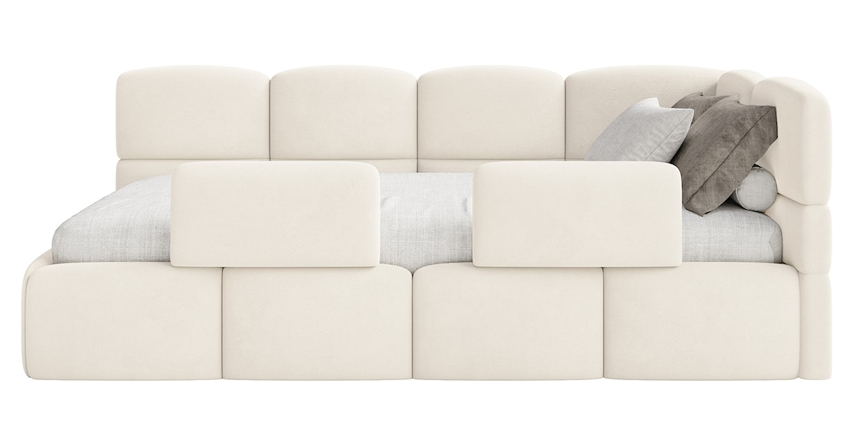 Łóżko młodzieżowe 90x200 cm Cloudy prawostronne z pojemnikiem i barierkami kremowe welur hydrofobowy łatwoczyszczący  - zdjęcie 8