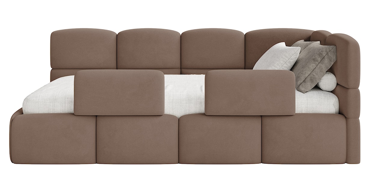 Łóżko młodzieżowe 90x200 cm Cloudy prawostronne z pojemnikiem i barierkami brązowe welur hydrofobowy łatwoczyszczący  - zdjęcie 8