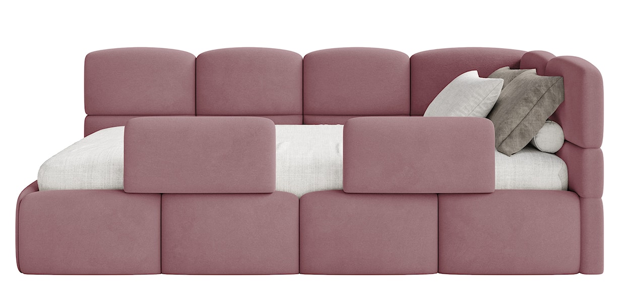 Łóżko młodzieżowe 90x200 cm Cloudy prawostronne z pojemnikiem i barierkami różowe welur hydrofobowy łatwoczyszczący  - zdjęcie 8