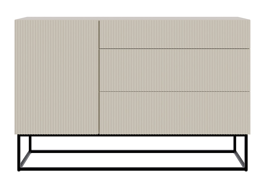 Komoda jednodrzwiowa Veldio z frezowanym frontem i trzema szufladami 140 cm Szary beż z czarnymi nogami  - zdjęcie 4