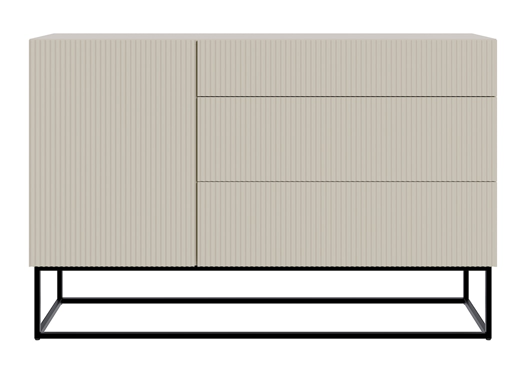 Komoda jednodrzwiowa Veldio z frezowanym frontem i trzema szufladami 140 cm Szary beż z czarnymi nogami  - zdjęcie 4