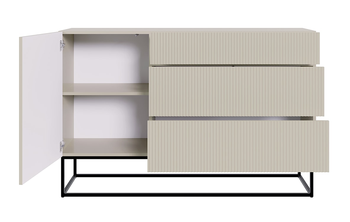 Komoda jednodrzwiowa Veldio z frezowanym frontem i trzema szufladami 140 cm Szary beż z czarnymi nogami  - zdjęcie 5