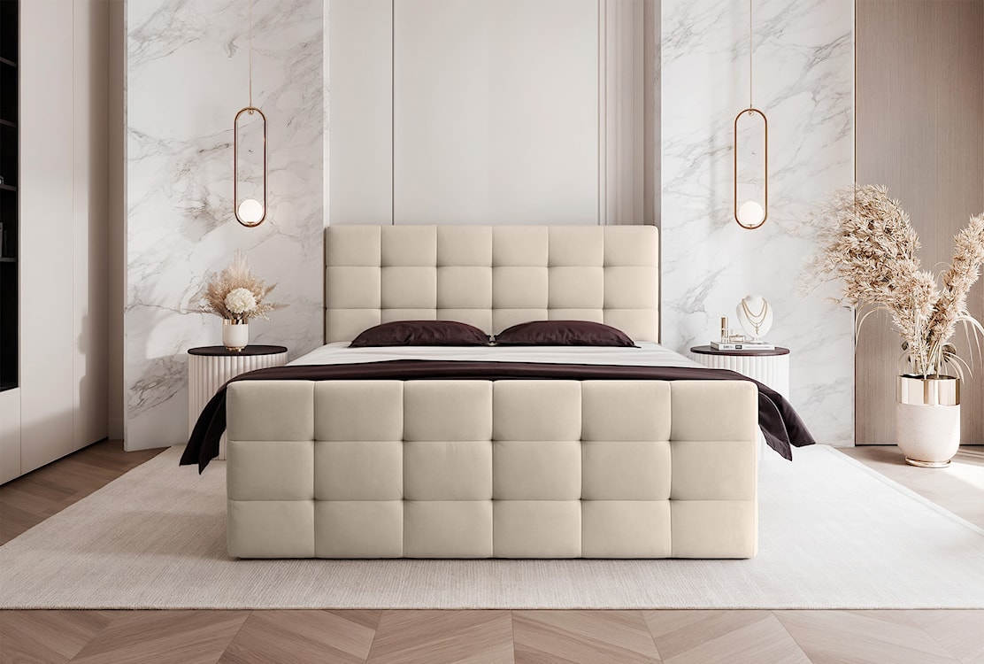 Łóżko kontynentalne 160x200 cm Padwa z pojemnikami i topperem jasnobeżowe welur  - zdjęcie 2