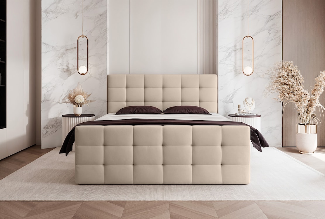Łóżko kontynentalne 140x200 cm Padwa z pojemnikami i topperem beżowe welur  - zdjęcie 2