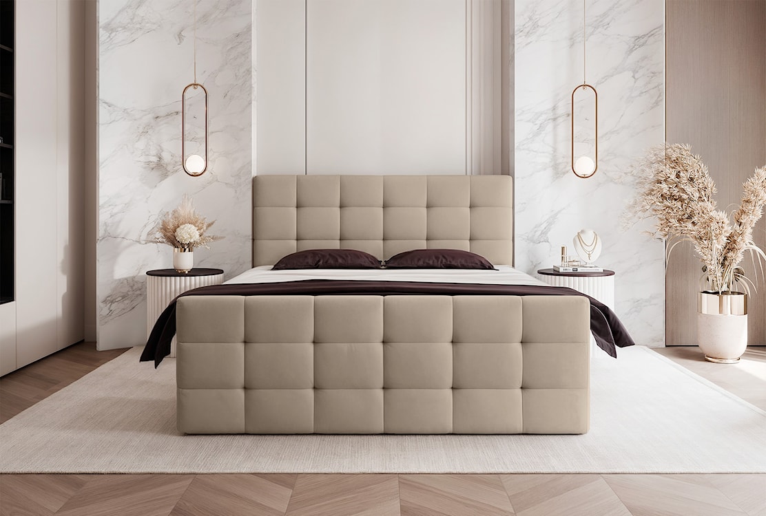 Łóżko kontynentalne 140x200 cm Padwa z pojemnikami i topperem ciemnobeżowe welur  - zdjęcie 2