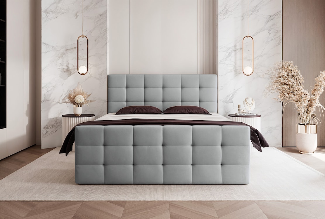 Łóżko kontynentalne 140x200 cm Padwa z pojemnikami i topperem szare welur  - zdjęcie 2
