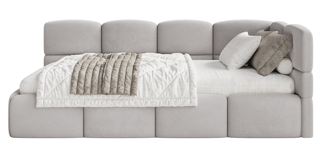 Łóżko młodzieżowe 90x200 cm Cloudy prawostronne z pojemnikiem i barierkami jasnoszare welur hydrofobowy łatwoczyszczący  - zdjęcie 7