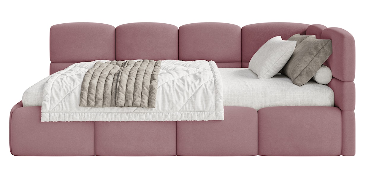 Łóżko młodzieżowe 90x200 cm Cloudy prawostronne z pojemnikiem i barierkami różowe welur hydrofobowy łatwoczyszczący  - zdjęcie 7