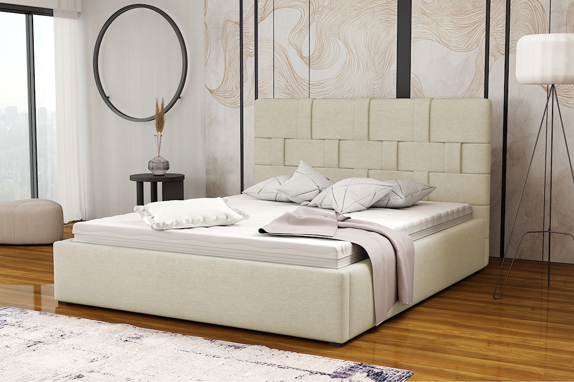 Łóżko tapicerowane 160x200 cm Zalino z pojemnikiem stelaż metalowy kremowe plecionka  - zdjęcie 2