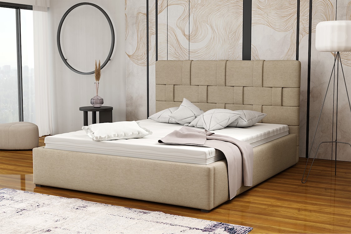 Łóżko tapicerowane 160x200 cm Zalino z pojemnikiem stelaż metalowy beżowe plecionka  - zdjęcie 2
