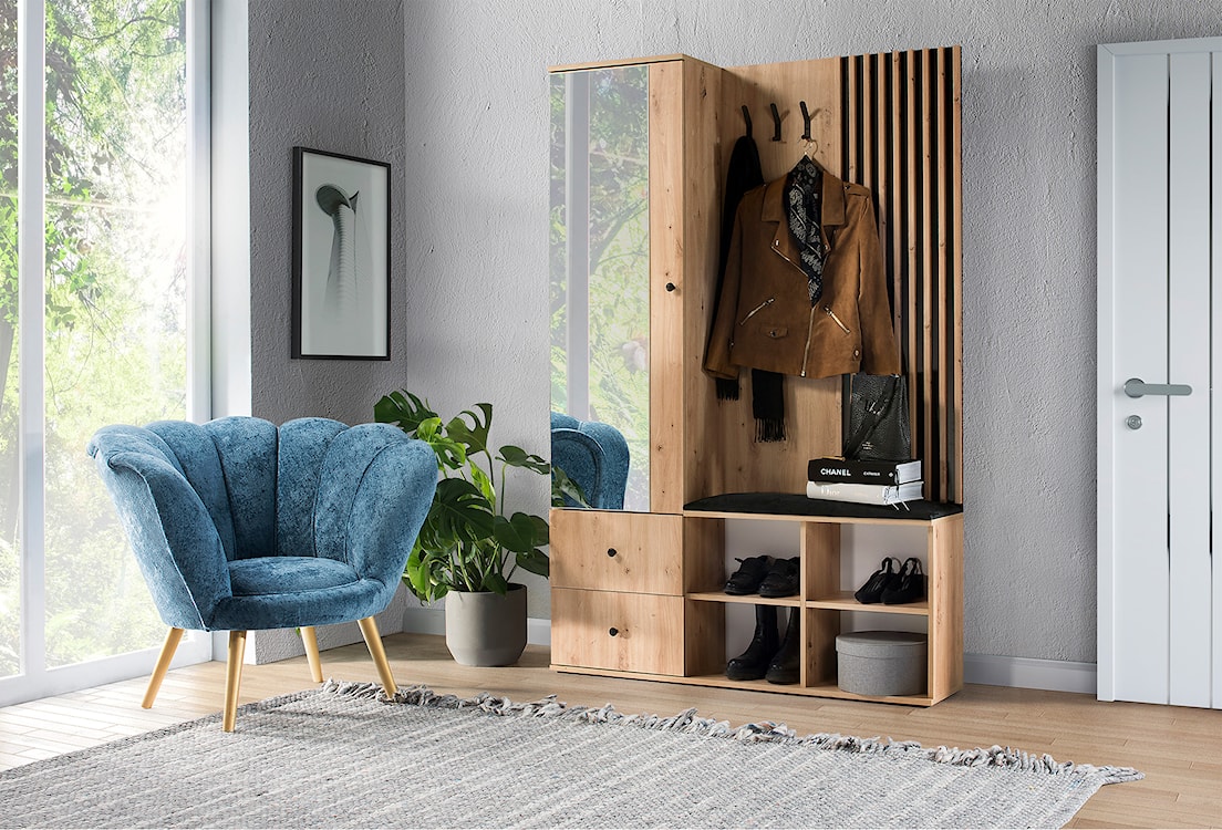 Garderoba jednodrzwiowa Lamelia z lustrem i siedziskiem 128,5 cm dąb artisan  - zdjęcie 2