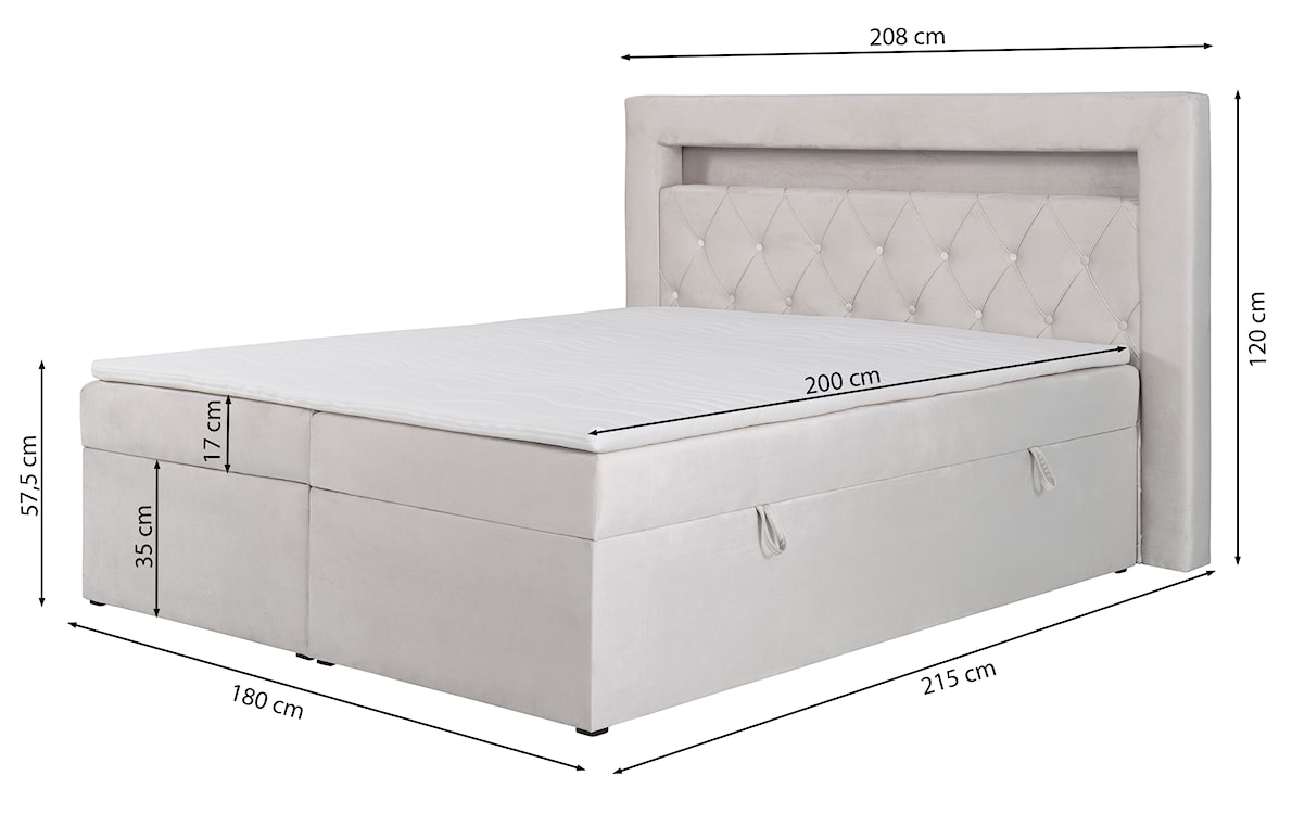 Łóżko kontynentalne 180x200 cm Goldess z pojemnikami i oświetleniem LED szarobeżowe welwet  - zdjęcie 9