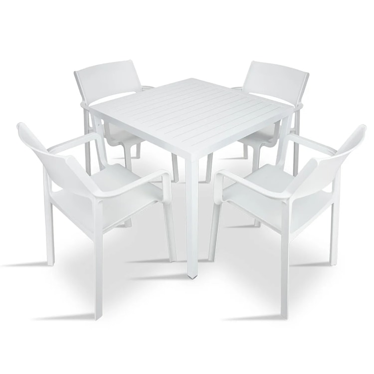 Zestaw ogrodowy stół kwadratowy Cube 70 cm i 4 krzesła z podłokietnikami Trill Nardi z certyfikowanego tworzywa biały