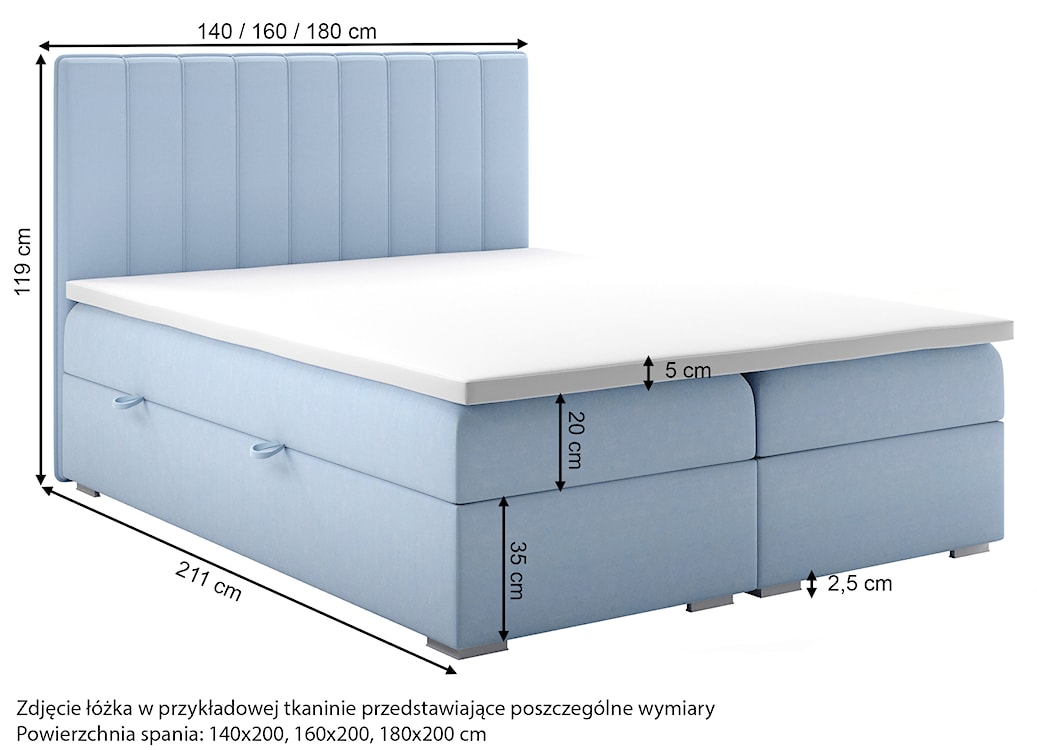 Łóżko kontynentalne 140x200 cm Hunbert z pojemnikami i topperem granatowe welur hydrofobowy  - zdjęcie 6