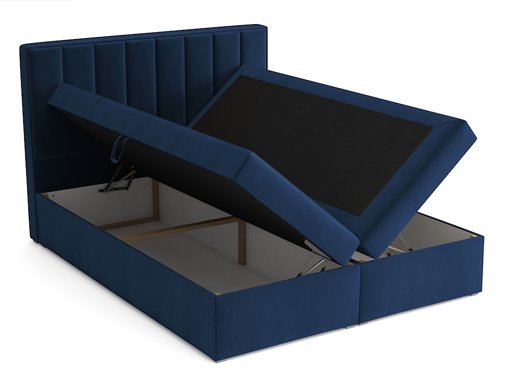 Łóżko kontynentalne 160x200 cm Rinus z pojemnikami i topperem ciemnoniebieskie welur  - zdjęcie 3