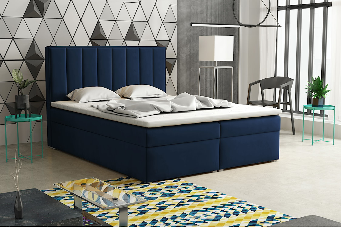 Łóżko kontynentalne 160x200 cm Rinus z pojemnikami i topperem ciemnoniebieskie welur  - zdjęcie 2