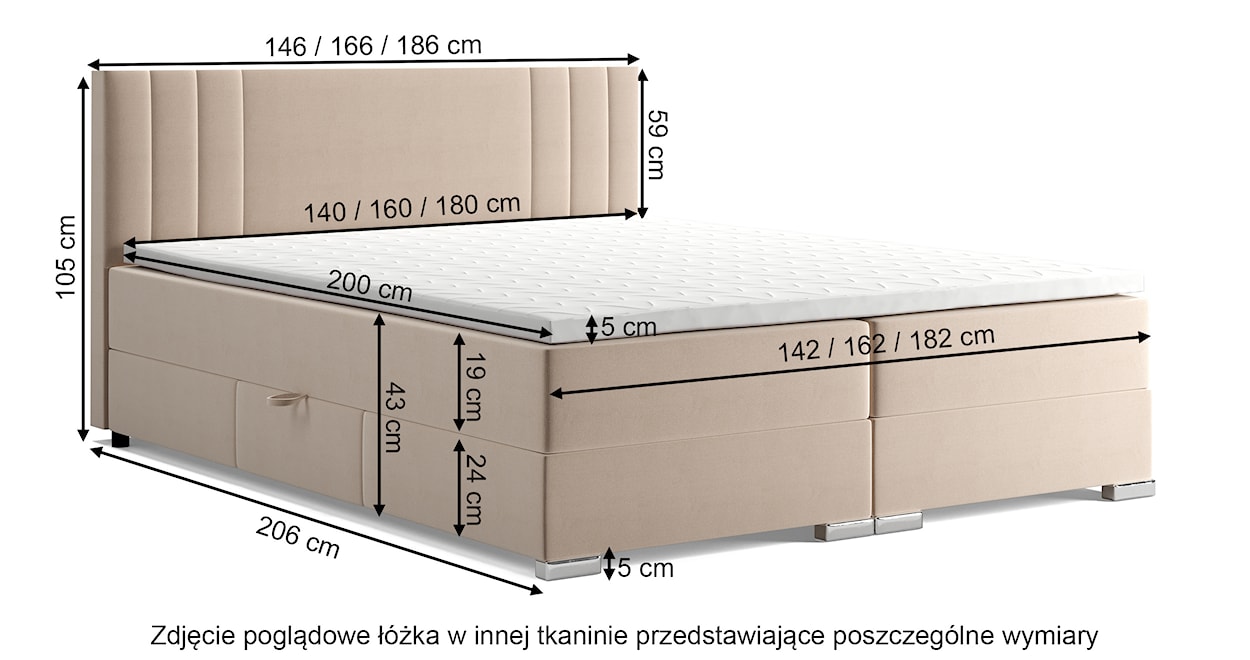 Łóżko kontynentalne 180x200 cm Marsiliana z pojemnikami i topperem jasnoszare  - zdjęcie 4