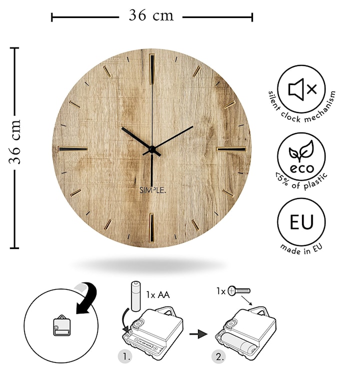 Zegar ścienny Incamess średnica 36 cm w kolorze dębu  - zdjęcie 6