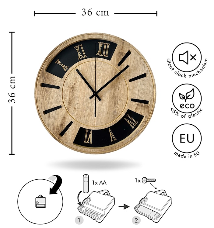 Zegar ścienny Incamess średnica 36 cm dąb/czarny cyfry rzymskie  - zdjęcie 6