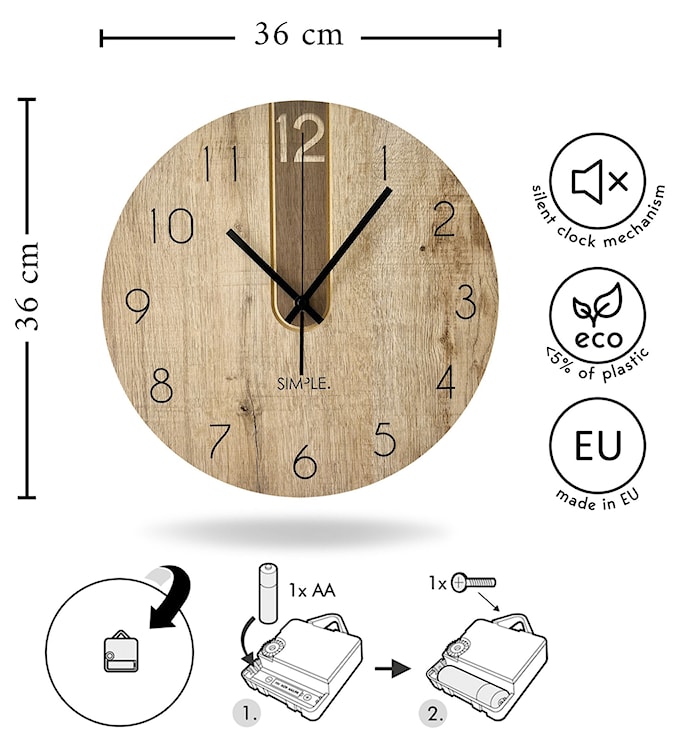 Zegar ścienny Incamess średnica 36 cm z cyframi dąb  - zdjęcie 6