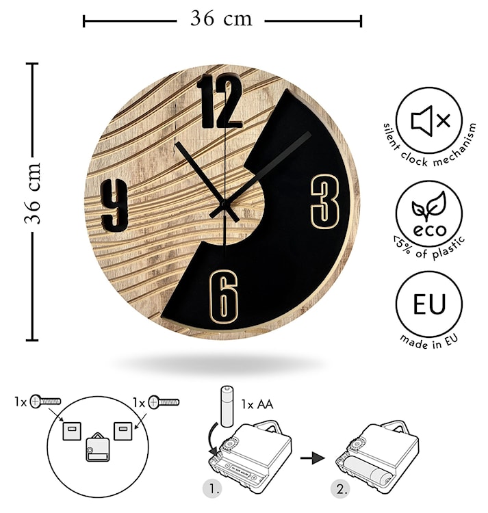 Zegar ścienny Incamess średnica 36 cm dąb i czerń  - zdjęcie 6