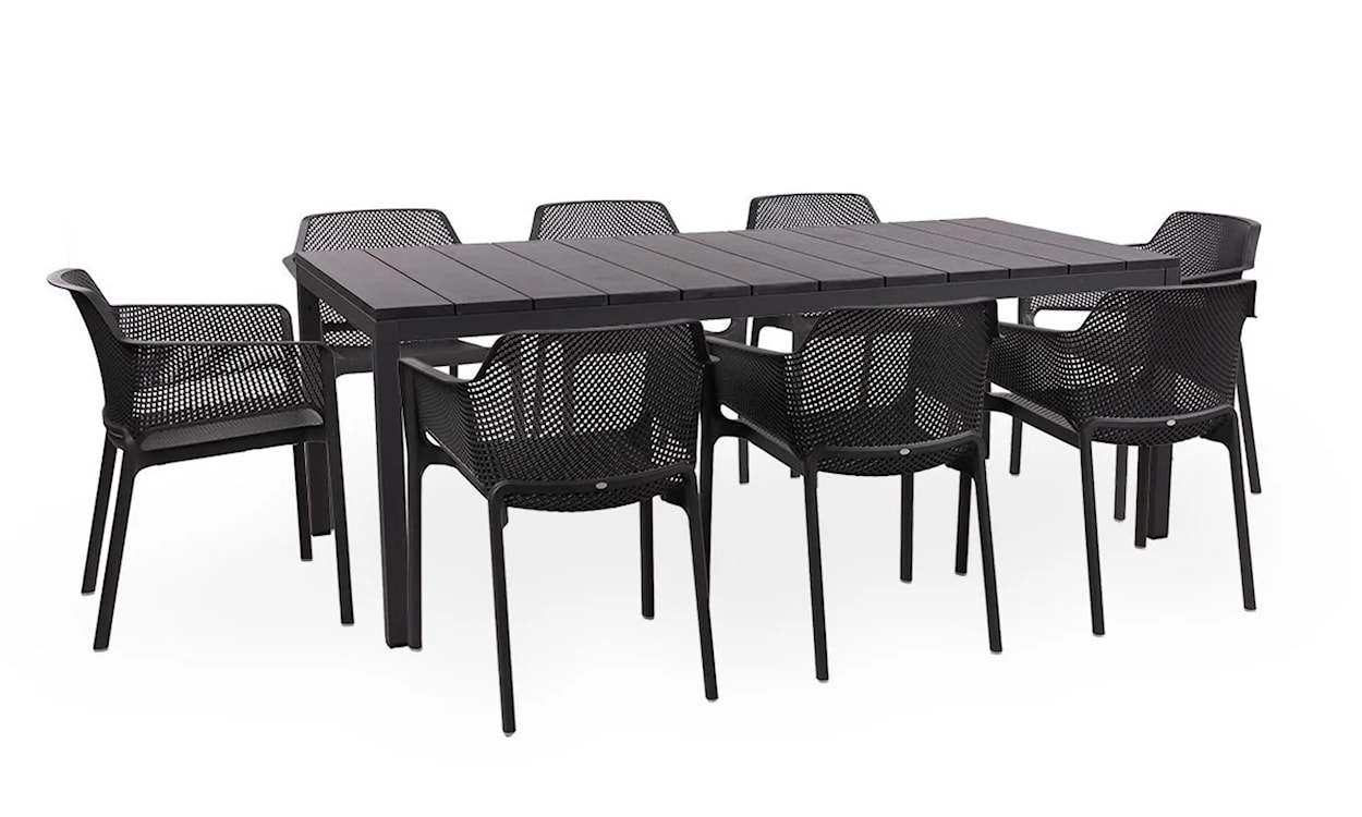 Zestaw ogrodowy rozkładany stół Rio 210-280x100 cm i 8 krzeseł Net Nardi z certyfikowanego tworzywa antracytowy