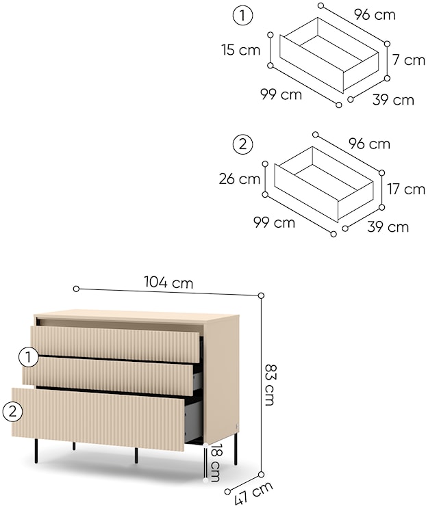 Komoda Trend z trzema szufladami i oświetleniem 104 cm ryflowane fronty beż piaskowy / czarny  - zdjęcie 5