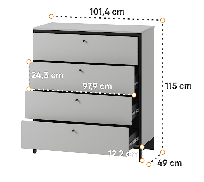 Komoda Gris 101 cm z czterema szufladami i LED szary / czarny  - zdjęcie 7