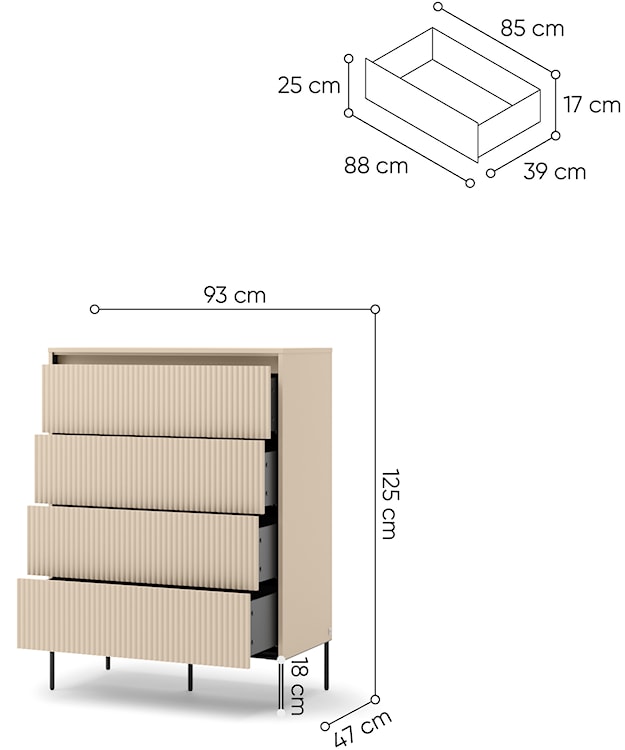 Komoda wysoka Trend z czterema szufladami i oświetleniem 93 cm ryflowane fronty beż piaskowy / czarny  - zdjęcie 7