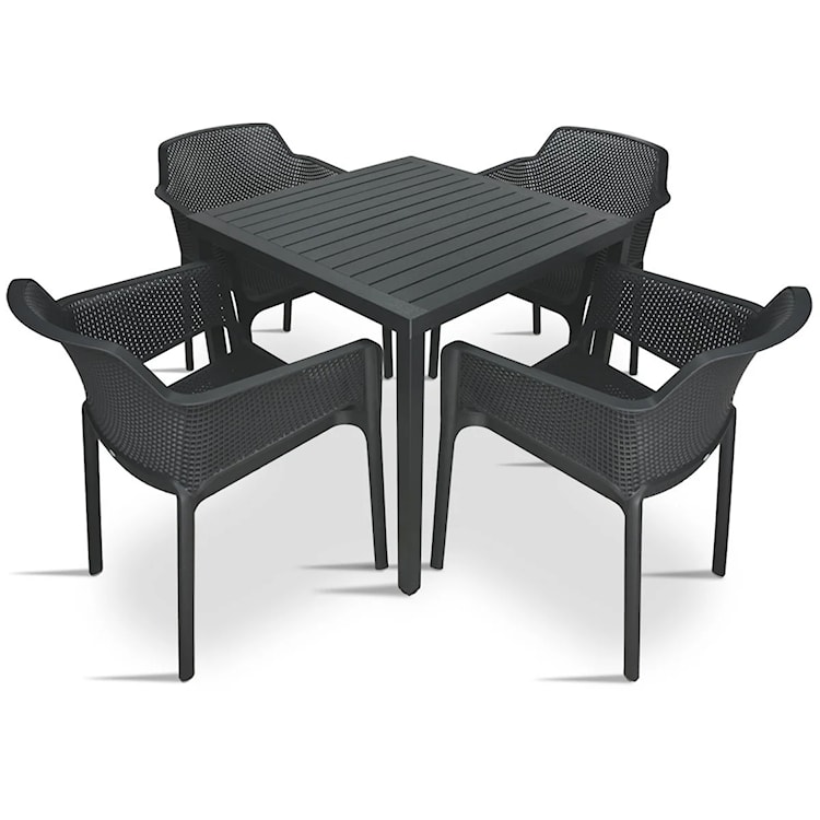 Zestaw ogrodowy stół kwadratowy Cube 70 cm i 4 krzesła z podłokietnikami Net Nardi z certyfikowanego tworzywa antracytowy