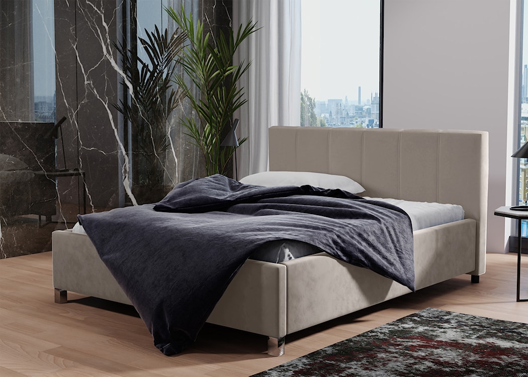 Łóżko tapicerowane z pojemnikiem Caseya szarobeżowe 180/200 cm w tkaninie hydrofobowej welur nogi srebrne  - zdjęcie 2