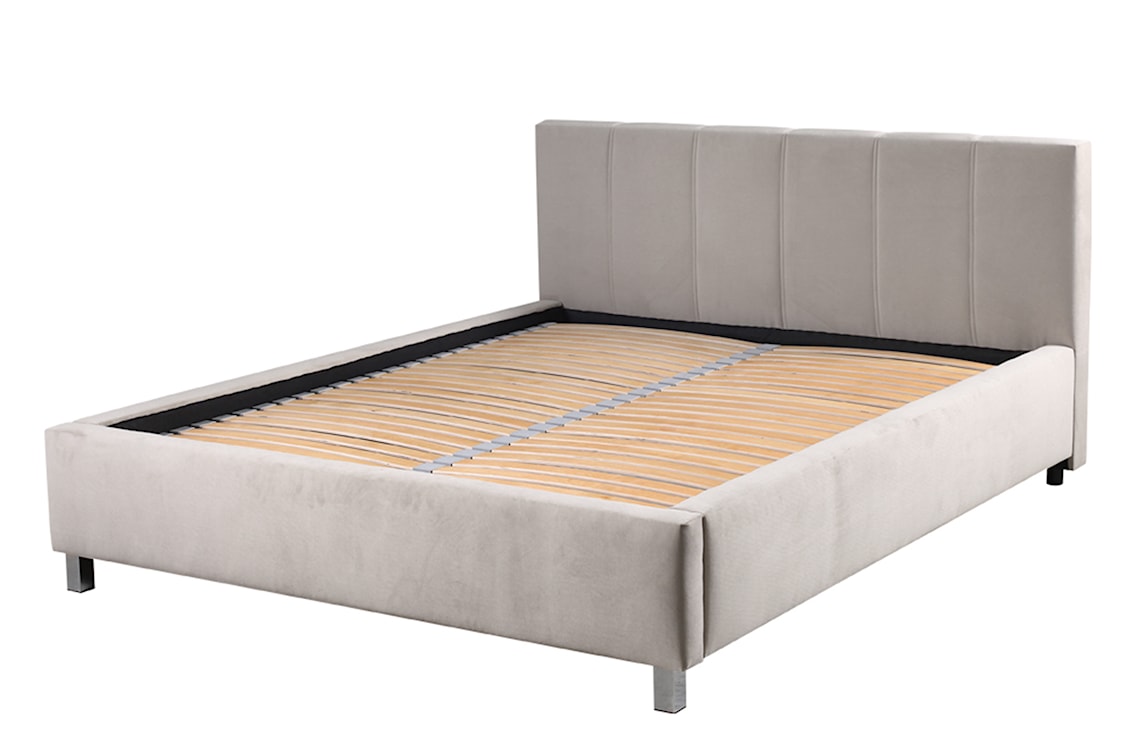 Łóżko tapicerowane z pojemnikiem Caseya szarobeżowe 140/200 cm w tkaninie hydrofobowej welur nogi srebrne 