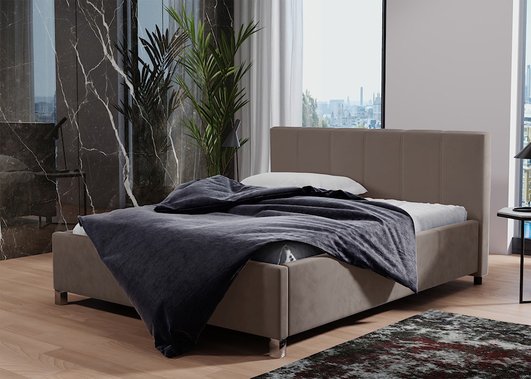 Łóżko tapicerowane z pojemnikiem Caseya beżowe 180/200 cm w tkaninie hydrofobowej welur nogi srebrne  - zdjęcie 2