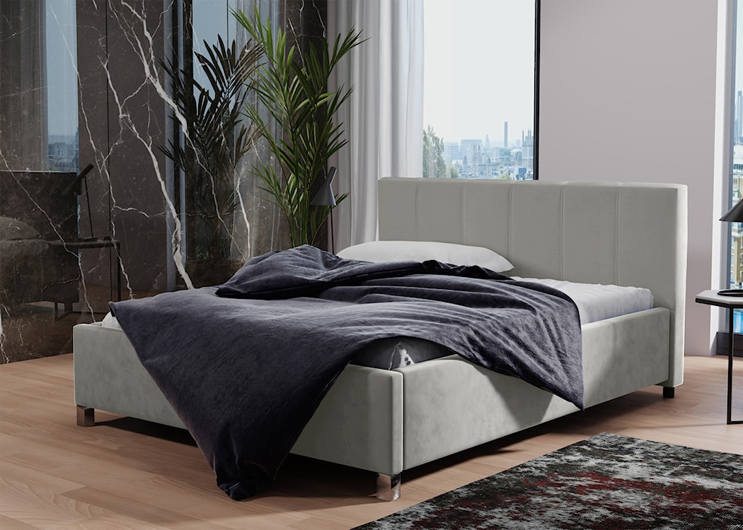 Łóżko tapicerowane z pojemnikiem Caseya jasnoszare 160/200 cm w tkaninie hydrofobowej welur nogi srebrne  - zdjęcie 2