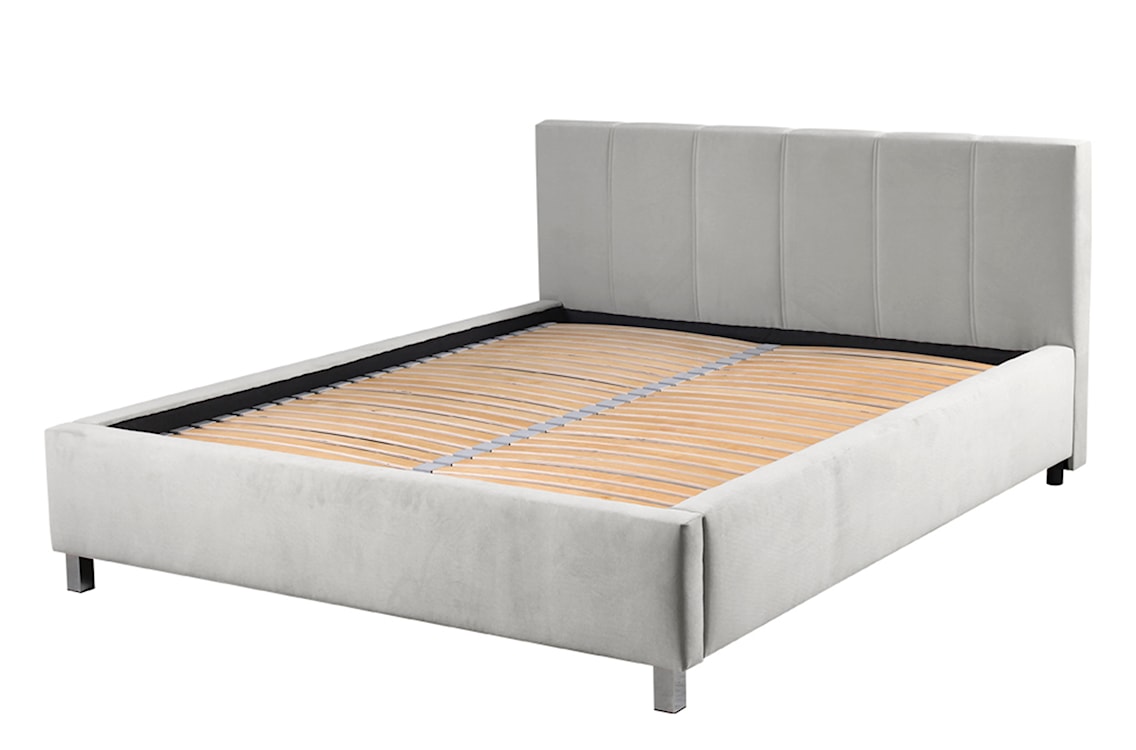 Łóżko tapicerowane z pojemnikiem Caseya jasnoszare 180/200 cm w tkaninie hydrofobowej welur nogi srebrne 