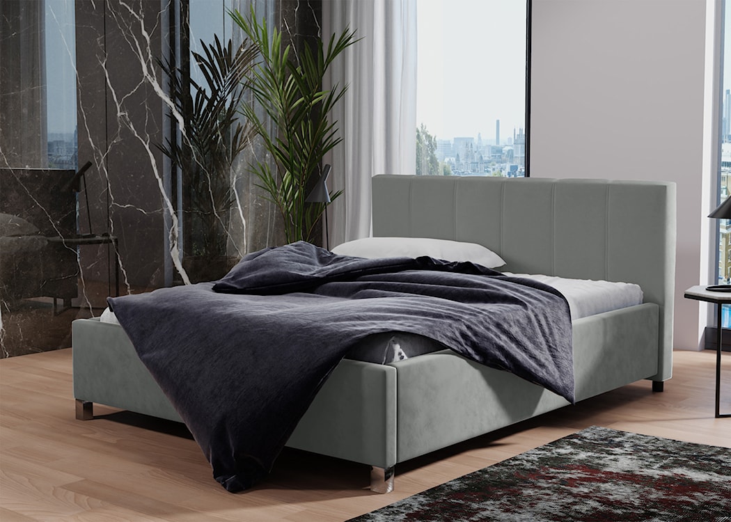 Łóżko tapicerowane z pojemnikiem Caseya szare 180/200 cm w tkaninie hydrofobowej welur nogi srebrne  - zdjęcie 2