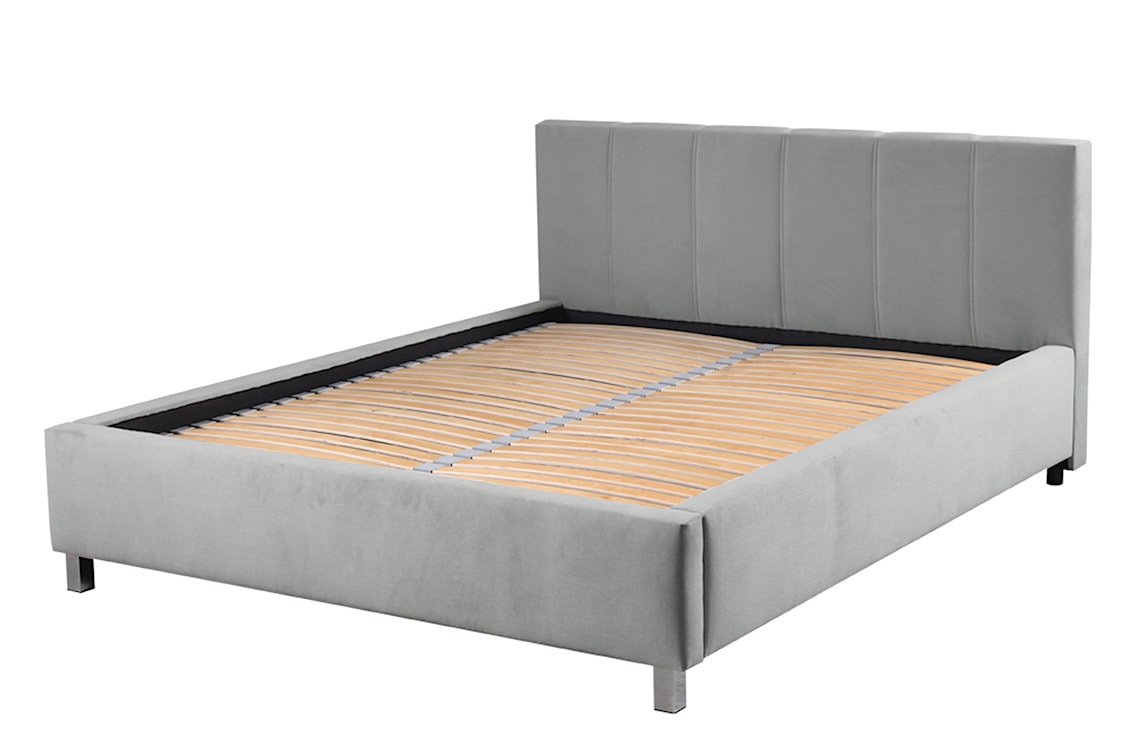 Łóżko tapicerowane z pojemnikiem Caseya szare 140/200 cm w tkaninie hydrofobowej welur nogi srebrne 