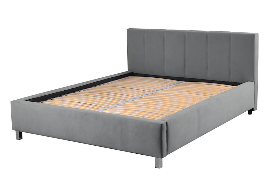 Łóżko tapicerowane z pojemnikiem Caseya ciemnoszare 140/200 cm w tkaninie hydrofobowej welur nogi srebrne 