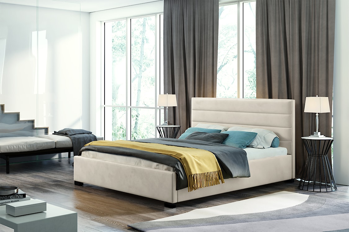 Łóżko tapicerowane z pojemnikiem Mesara kremowe 140/200 cm w tkaninie hydrofobowej welur nogi srebrne  - zdjęcie 2