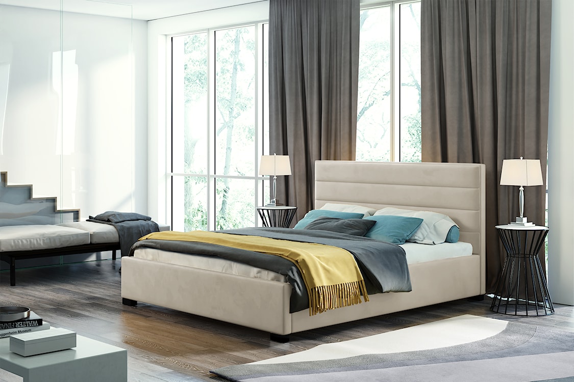 Łóżko tapicerowane z pojemnikiem Mesara szarobeżowe 140/200 cm w tkaninie hydrofobowej welur nogi srebrne  - zdjęcie 2