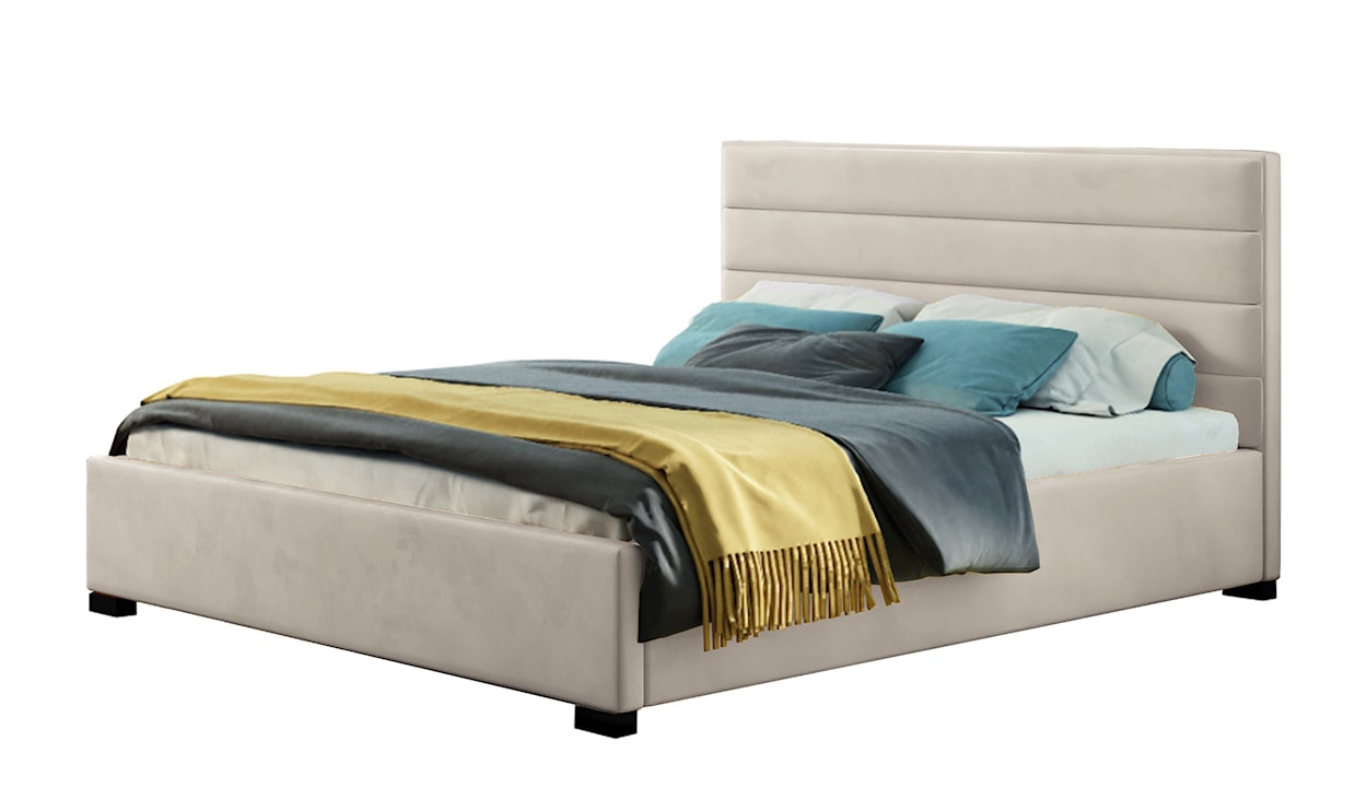 Łóżko tapicerowane z pojemnikiem Mesara szarobeżowe 140/200 cm w tkaninie hydrofobowej welur nogi srebrne 