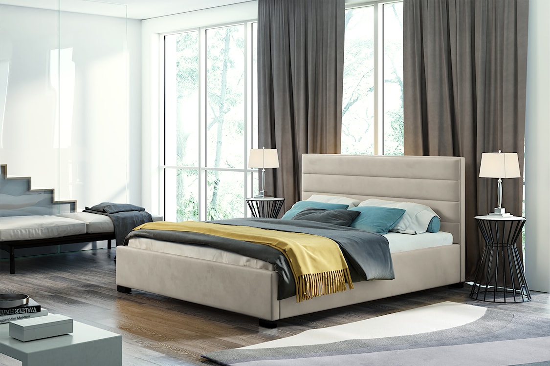 Łóżko tapicerowane z pojemnikiem Mesara jasnobeżowe 180/200 cm w tkaninie hydrofobowej welur nogi srebrne  - zdjęcie 2