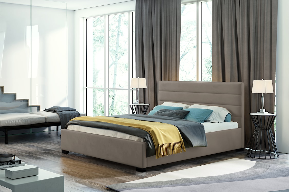 Łóżko tapicerowane z pojemnikiem Mesara beżowe 180/200 cm w tkaninie hydrofobowej welur nogi srebrne  - zdjęcie 2